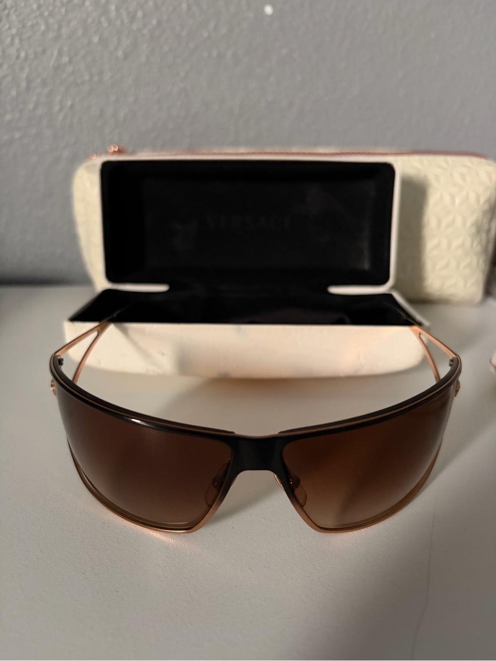 Versace Brown Shield Sunglasses with Gold Frame